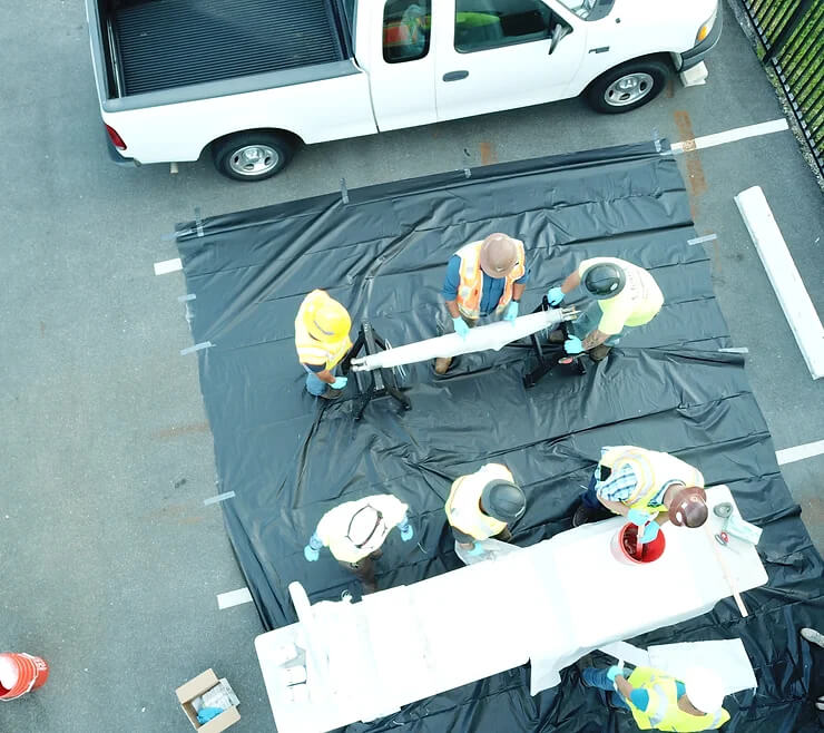 aerial view of men working on a pipe